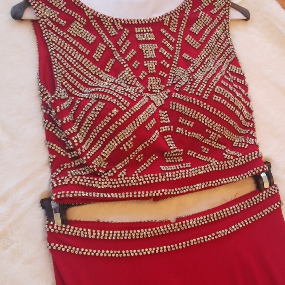 Jovani Prom Dress, Red beaded  mid top and skirt